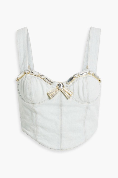 Cropped crystal-embellished denim bustier top