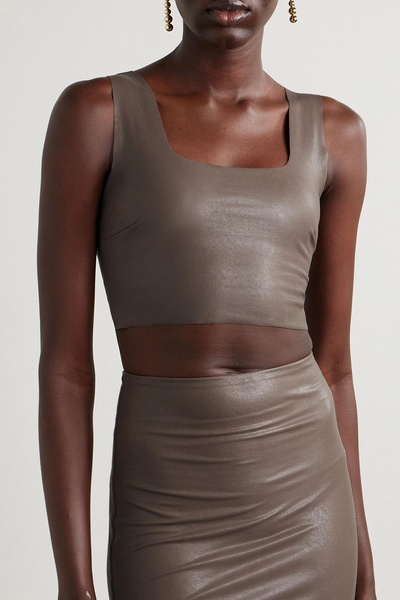 Cropped faux stretch-leather top