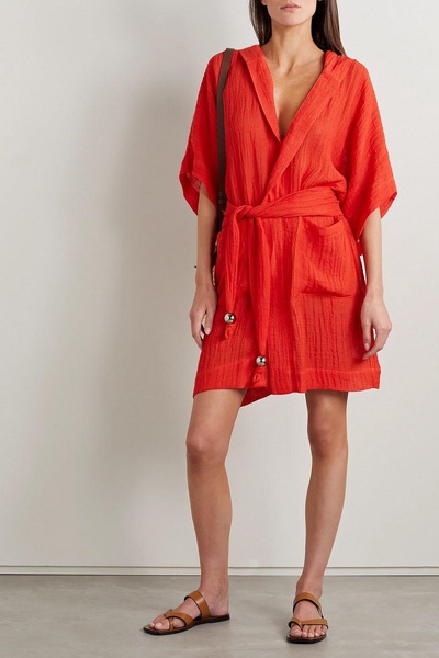 Belted linen-blend gauze coverup