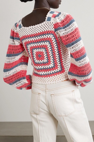 Beso cropped striped crocheted cotton sweater