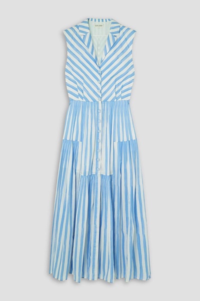 Arya tiered pleated striped cotton-poplin midi dress