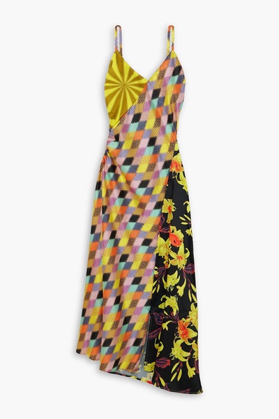 Asymmetric printed duchesse-satin maxi dress