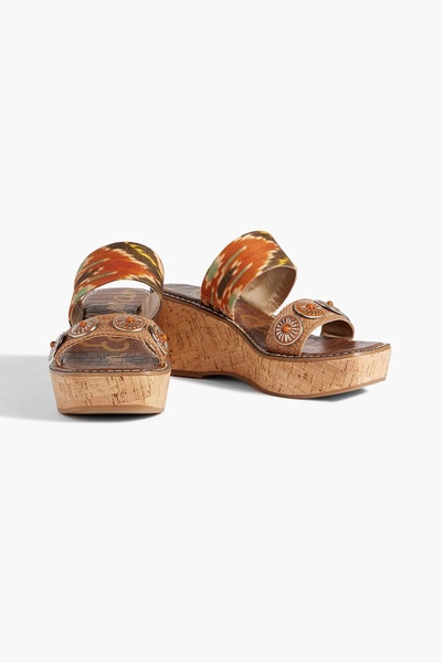 Abril embellished printed canvas and faux raffia wedge mules