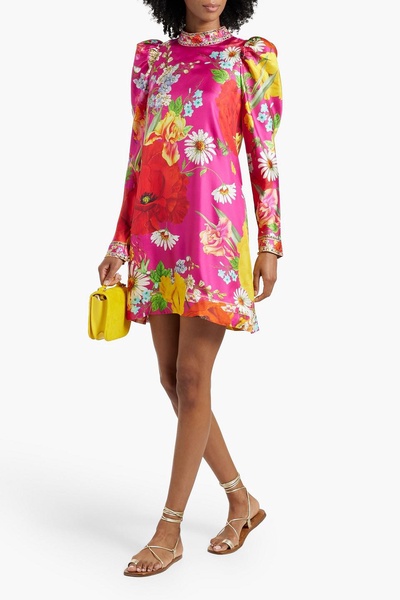 Cutout crystal-embellished floral-print silk-twill mini dress