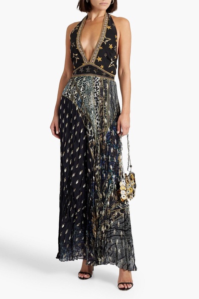 Embellished printed fil coupé silk-crepe halterneck jumpsuit