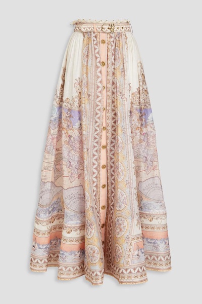 Embellished printed linen and silk-blend maxi skirt