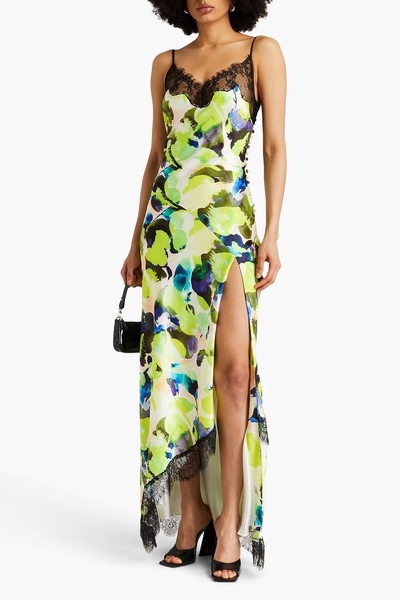 Sage lace-trimmed printed satin maxi dress