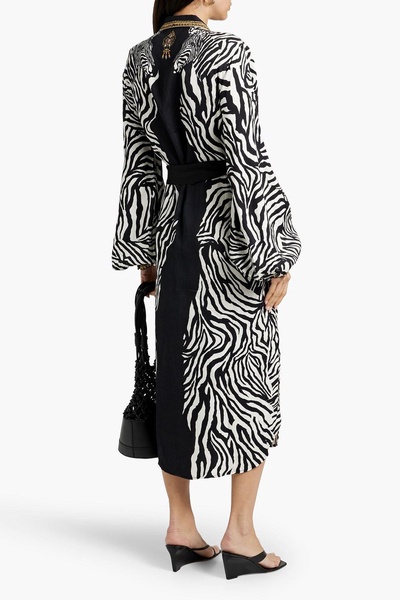 Crystal-embellished zebra-print woven midi shirt dress