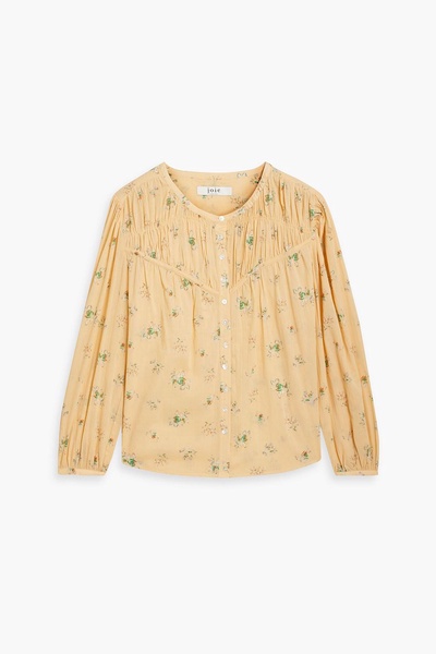 Shirred gathered floral-print cotton blouse