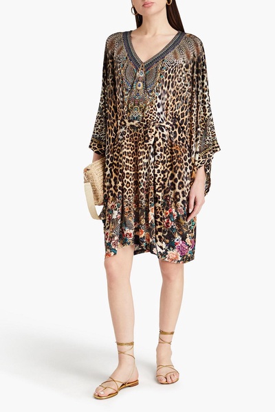 Crystal-embellished printed stretch-jersey mini dress