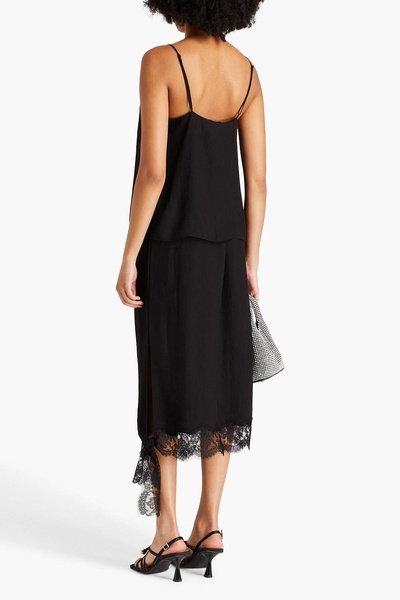 Lace-trimmed draped twill midi skirt