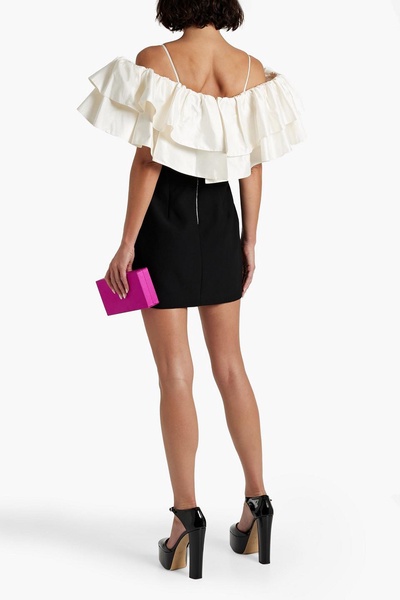 Cold-shoulder ruffled taffeta and crepe mini dress