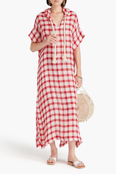 Gingham linen-blend gauze hooded kaftan