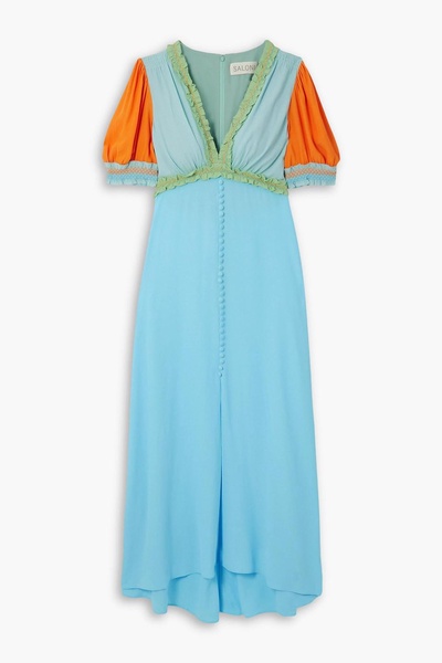 Lea smocked color-block crepe midi dress