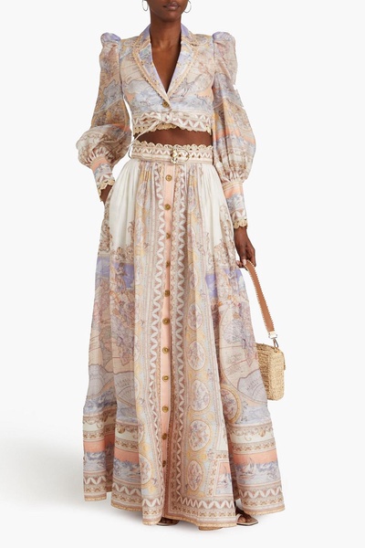 Embellished printed linen and silk-blend maxi skirt