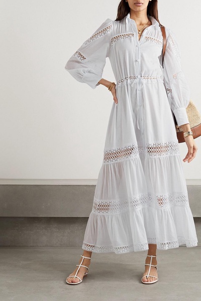 Ileana guipure lace-trimmed cotton-blend voile maxi shirt dress