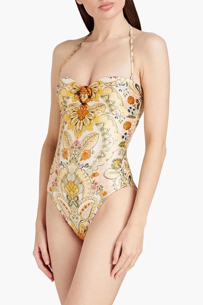 Embellished printed bandeau swimsuit