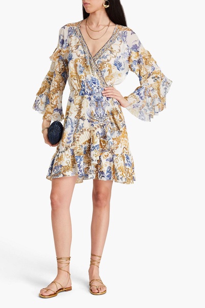 Crystal-embellished printed silk crepe de chine mini wrap dress