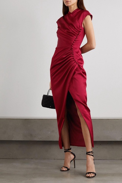 Button-embellished draped satin midi dress