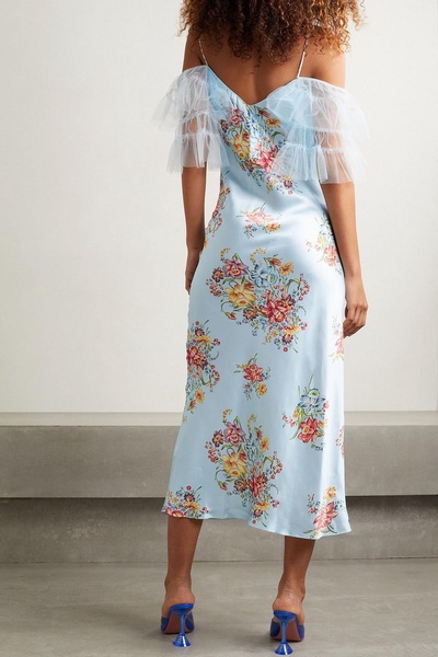 Embellished tulle-trimmed floral-print silk midi dress