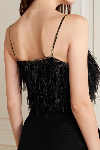 Dusty cropped feather-trimmed printed lamé camisole