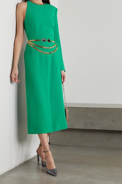 One-sleeve chain-embellished crepe midi dress