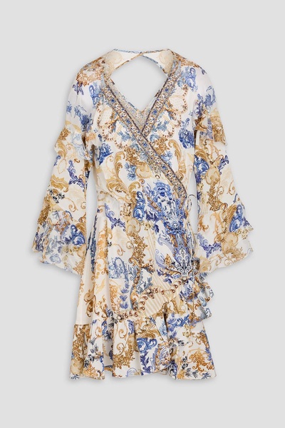 Crystal-embellished printed silk crepe de chine mini wrap dress