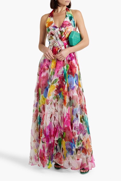 Floral-print silk-organza halterneck gown