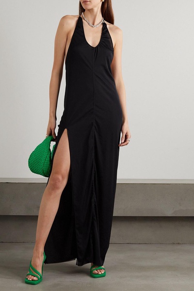 Open-back ruched satin-jersey halterneck maxi dress