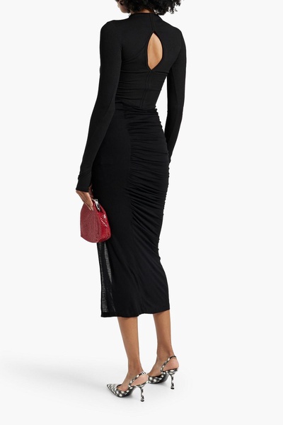 Cutout ruched jersey turtleneck midi dress