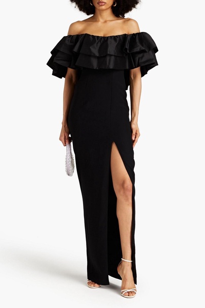 Off-the-shoulder shantung-paneled crepe maxi dress