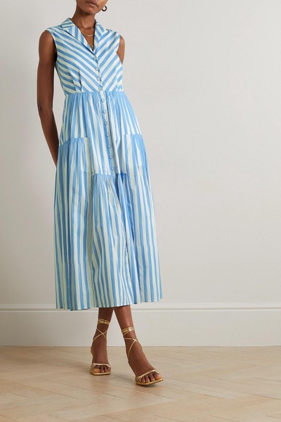 Arya tiered pleated striped cotton-poplin midi dress