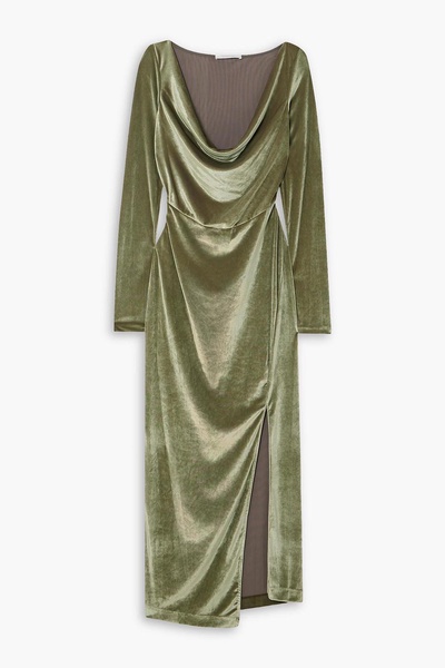 Asymmetric draped stretch-velvet midi dress