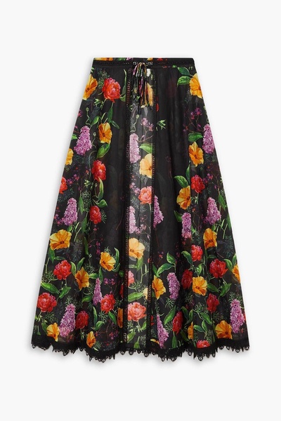 Shasa guipure lace-trimmed floral-print cotton-blend voile maxi skirt