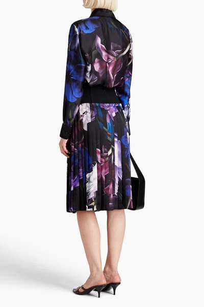 Crepe-paneled pleated printed silk-twill skirt