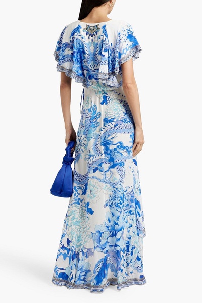 Crystal-embellished ruffled silk-crepe wrap dress