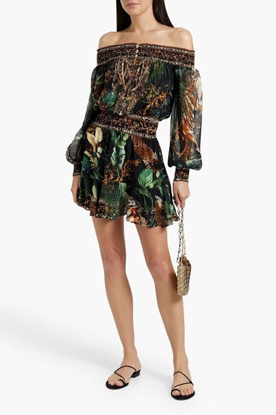 Off-the-shoulder crystal-embellished printed silk crepe de chine mini dress