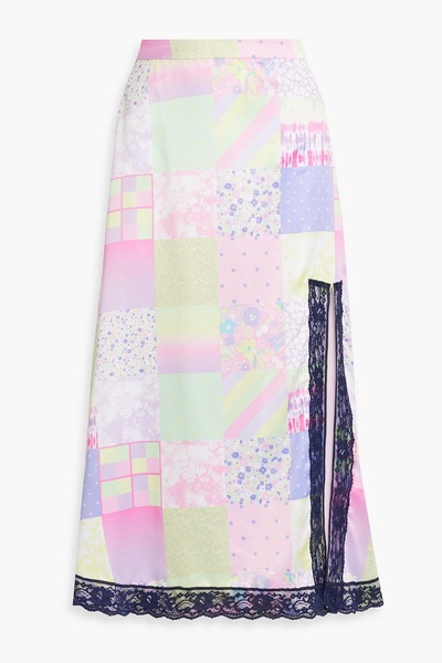 Adrianne patchwork-effect printed satin midi skirt