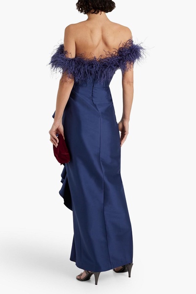 Off-the-shoulder feather-trimmed ruffled faille gown