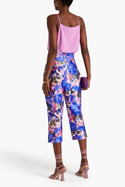 Belted copped floral-print silk-satin tapered pants