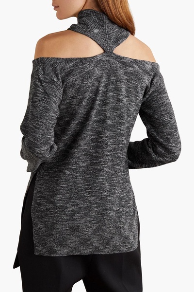 Cold-shoulder wool half-zip sweater