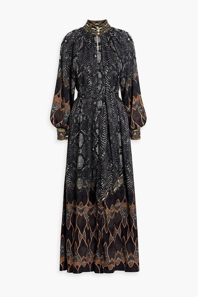 Crystal-embellished printed satin-jacquard maxi dress