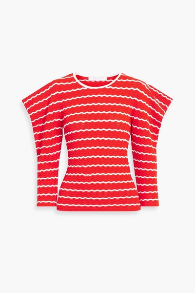 Ruffled striped pointelle-knit top