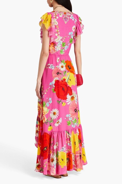 Embellished ruffled floral-print silk crepe de chine wrap dress