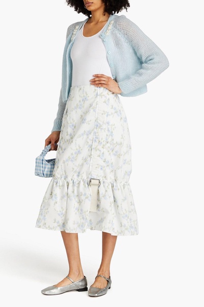 Buckle-detailed ruffled floral-print taffeta midi skirt