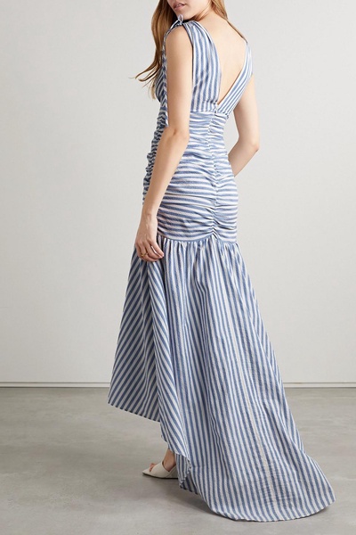 Perrin ruched striped cotton-blend cloqué maxi dress