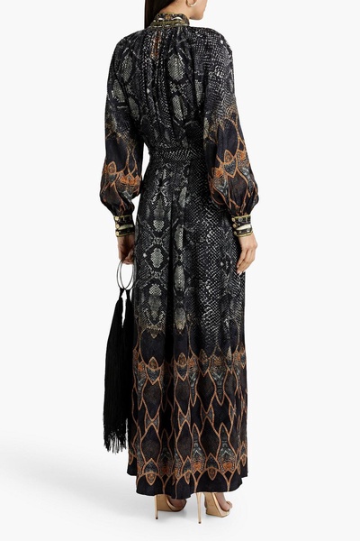 Crystal-embellished printed satin-jacquard maxi dress