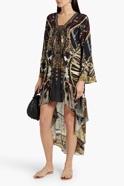 Asymmetric crystal-embellished printed silk crepe de chine dress