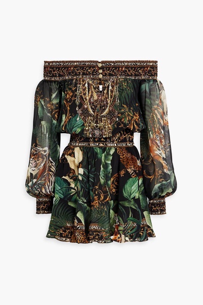 Off-the-shoulder crystal-embellished printed silk crepe de chine mini dress