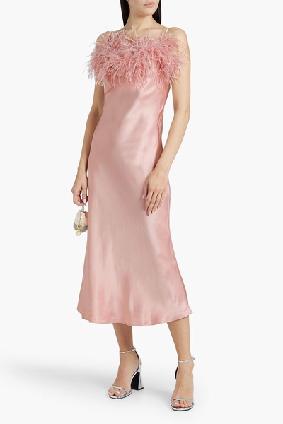 Boheme feather-trimmed satin midi slip dress